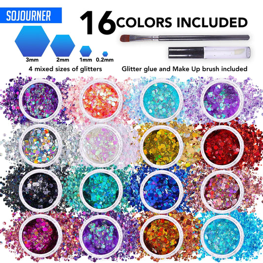 16 pack + 1 glitter glue Chunky Cosmetic Holographic Glitter | Body, Face & Hair Safe SoJourner