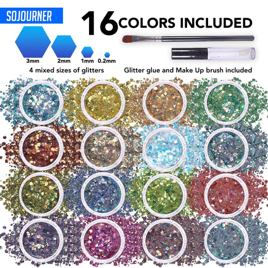 Fairy Tears Chunky Holographic Body Glitter I 16 Colors + Glitter Glue for Face Glitter Makeup, Hair, Eye & Fine Glitter Eyeshadow - Perfect for Halloween, Resin, Tumblers, Craft, Cosmetic & Nail Art SoJourner