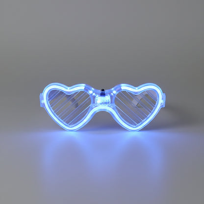LED rave glasses lit up in blue heart shutter style
