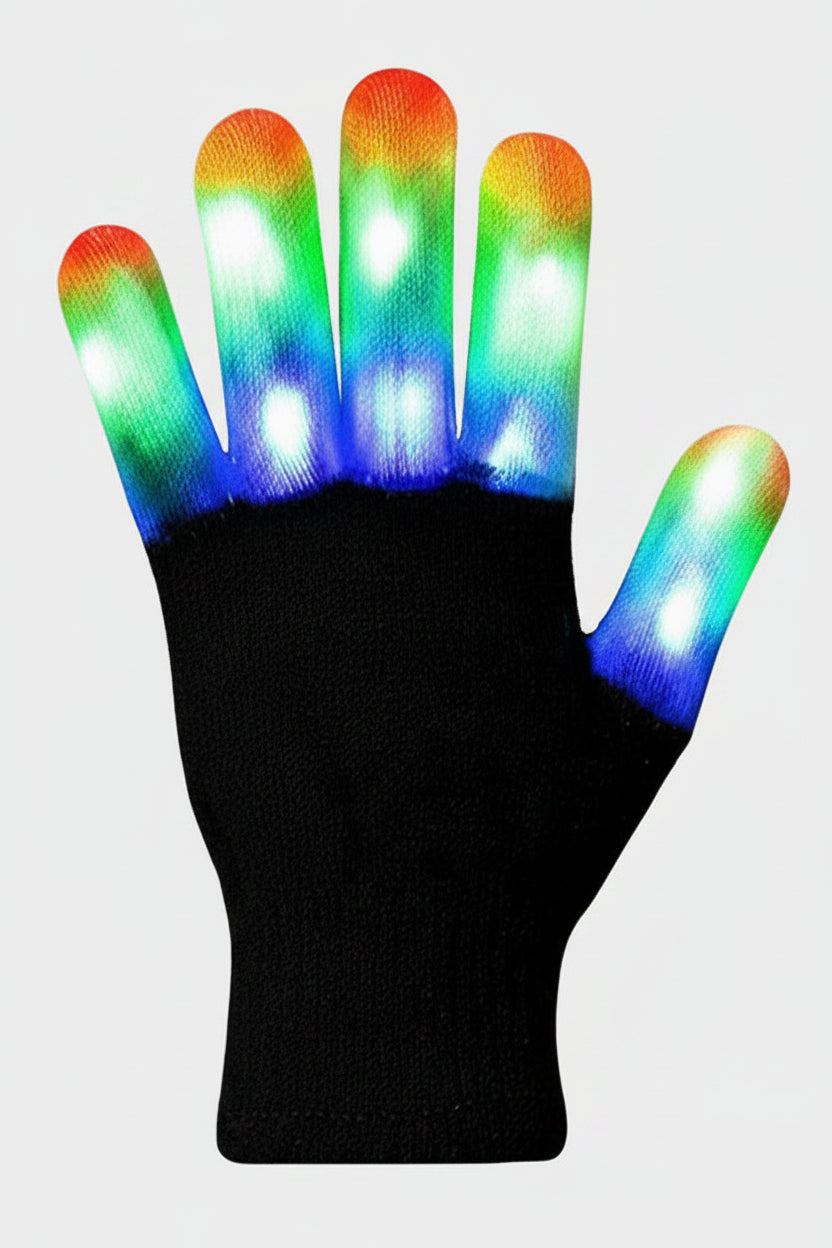 Black gloves with colorful LED fingertips on a white background