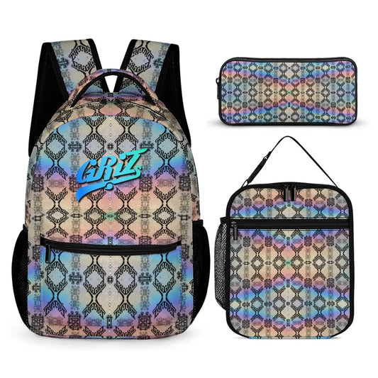 Griz Holographic Backpack with Free Lunchbox and Pencil Case Included Back to School 3pc Set Festival Drip