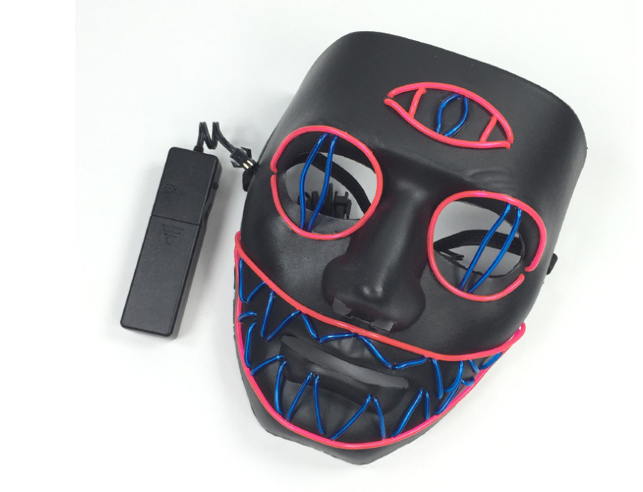 Third Eye LED neon rave mask with pink and blue EL wire and battery pack