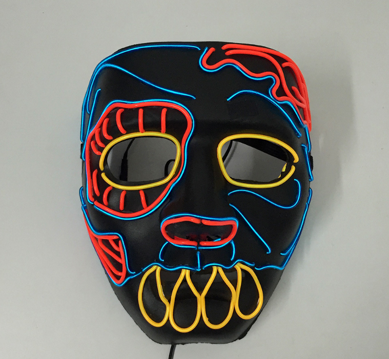 Fanged Skull LED neon rave mask with blue, red and yellow EL wire