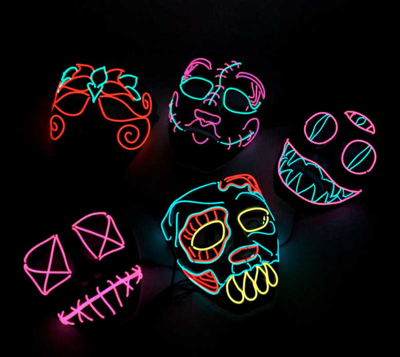LED neon rave masks in five glowing EL wire styles