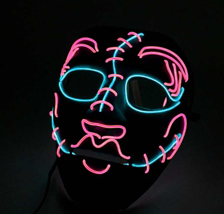 Patchwork LED neon rave mask glowing in the dark
