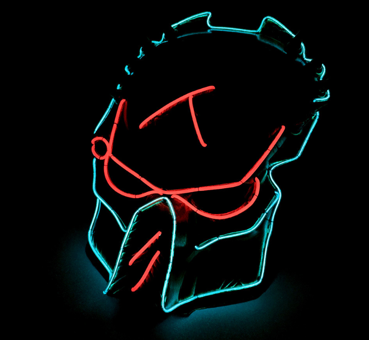 Gold Warrior LED neon rave mask glowing in the dark