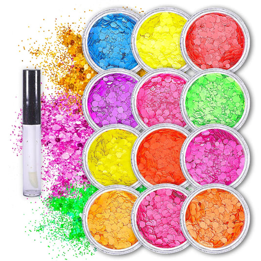 12 pack  Neon Glitter + 1 glitter glue Chunky Cosmetic Holographic Glitter | Body, Face & Hair Safe SoJourner