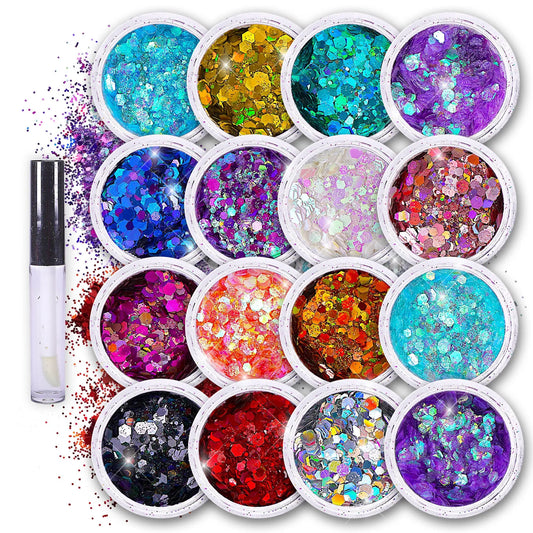 16 pack + 1 glitter glue Chunky Cosmetic Holographic Glitter | Body, Face & Hair Safe SoJourner