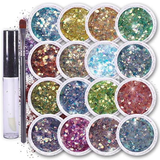 Fairy Tears Chunky Holographic Body Glitter I 16 Colors + Glitter Glue for Face Glitter Makeup, Hair, Eye & Fine Glitter Eyeshadow - Perfect for Halloween, Resin, Tumblers, Craft, Cosmetic & Nail Art SoJourner
