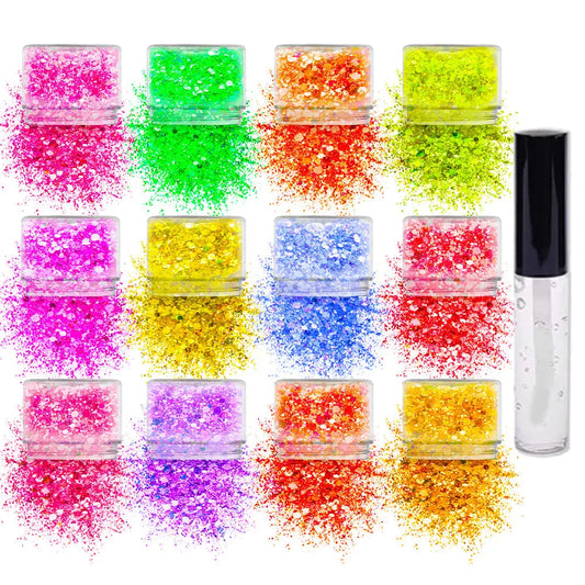 12 pack Neon Glitter + 1 glitter glue Chunky Cosmetic Holographic Glitter | Body, Face & Hair Safe SoJourner